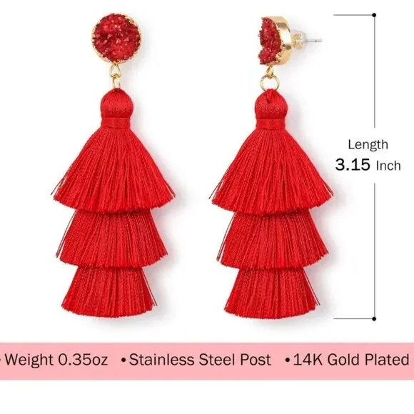 14K Yellow Gold with White Silk Thread Tassel and Quartz Druzy Post Earrings